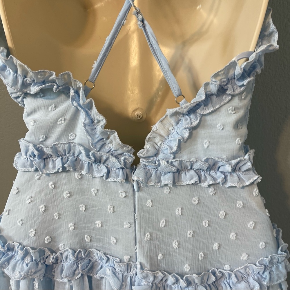 Edite Mode Blue Swiss Dot Tiered Mini Dress Ruffle Babydoll Coquette Party Small - Picture 7 of 13